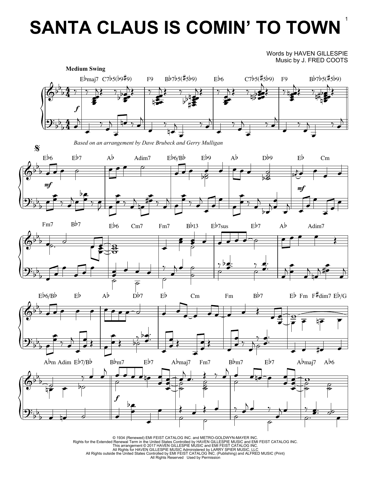 Dave Brubeck Santa Claus Is Comin' To Town [Jazz version] sheet music notes and chords arranged for Piano Solo