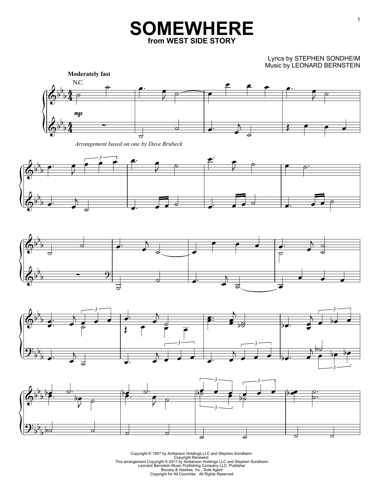 Dave Brubeck Somewhere (from West Side Story) [Jazz version] sheet music notes and chords arranged for Piano Solo