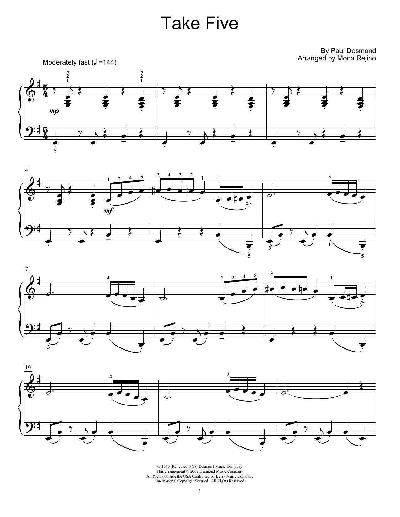Dave Brubeck Take Five (arr. Mona Rejino) sheet music notes and chords arranged for Educational Piano