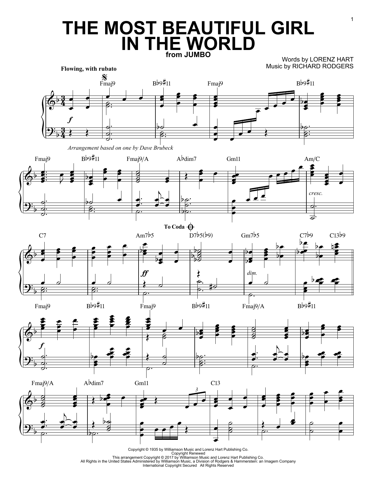 Dave Brubeck The Most Beautiful Girl In The World sheet music notes and chords arranged for Piano Solo