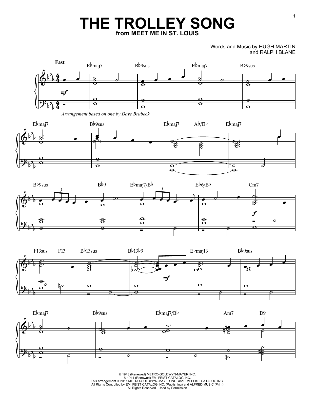 Dave Brubeck The Trolley Song [Jazz version] sheet music notes and chords arranged for Piano Solo