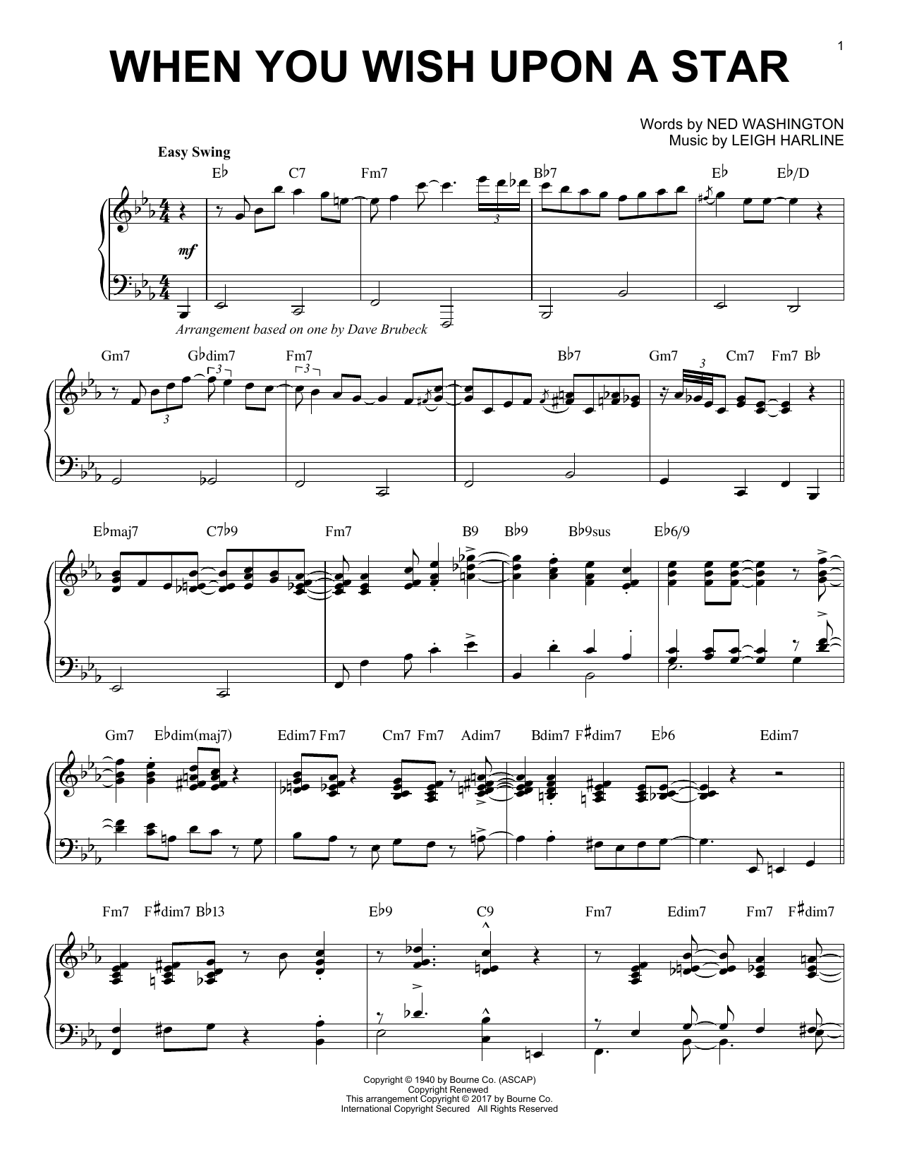 Dave Brubeck When You Wish Upon A Star [Jazz version] (from Pinocchio) sheet music notes and chords arranged for Piano Solo