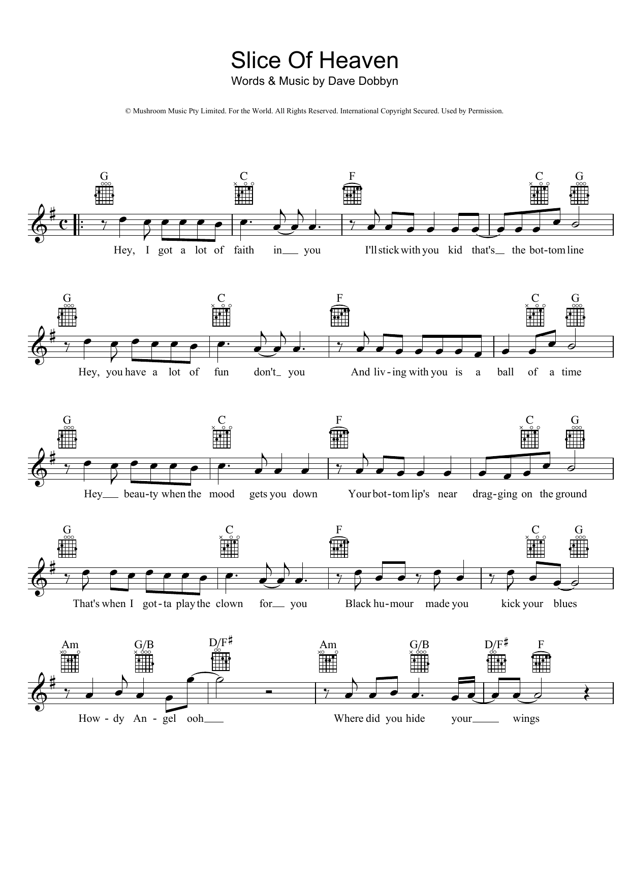 Dave Dobbyn Slice Of Heaven sheet music notes and chords arranged for Piano, Vocal & Guitar Chords (Right-Hand Melody)