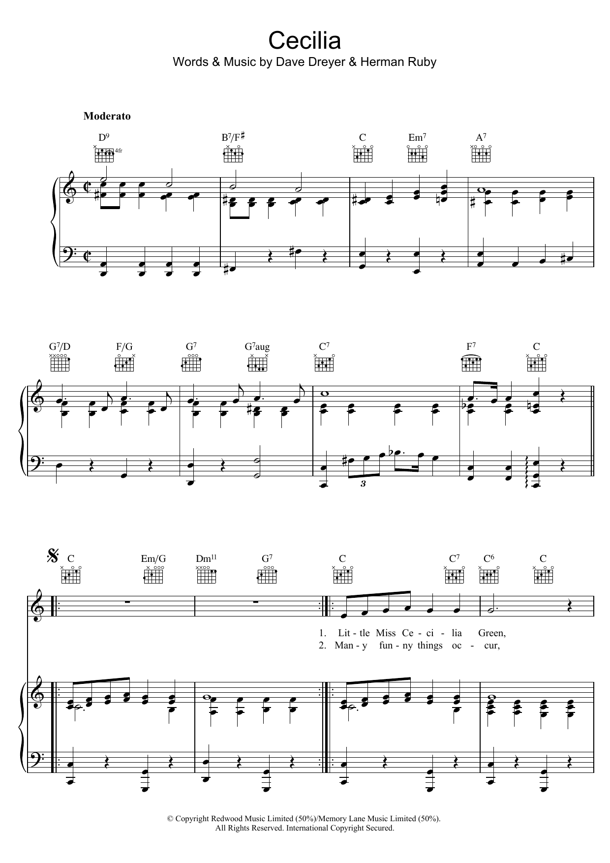 Dave Dreyer Cecilia sheet music notes and chords arranged for Piano, Vocal & Guitar Chords