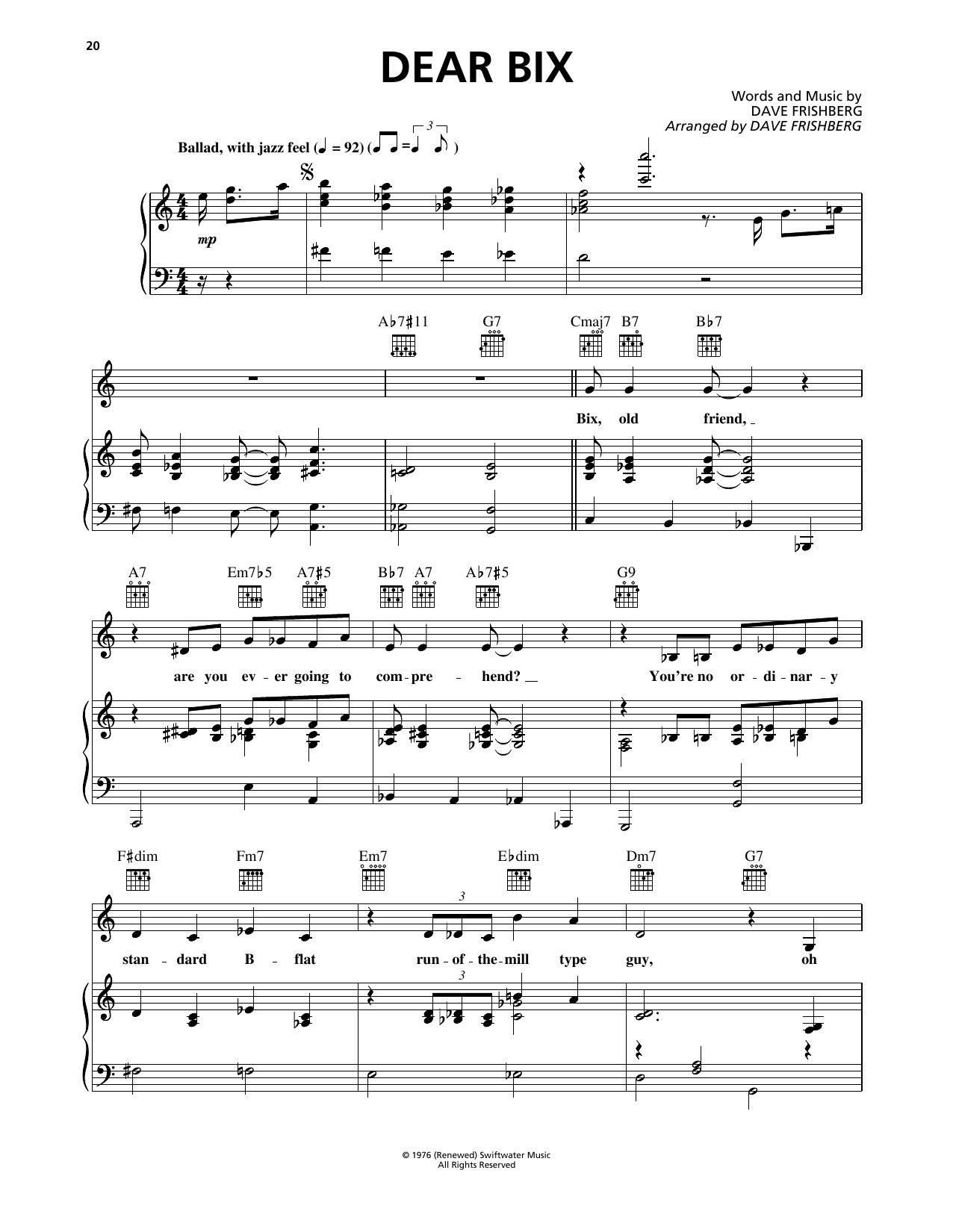 Dave Frishberg Dear Bix sheet music notes and chords arranged for Piano, Vocal & Guitar Chords (Right-Hand Melody)
