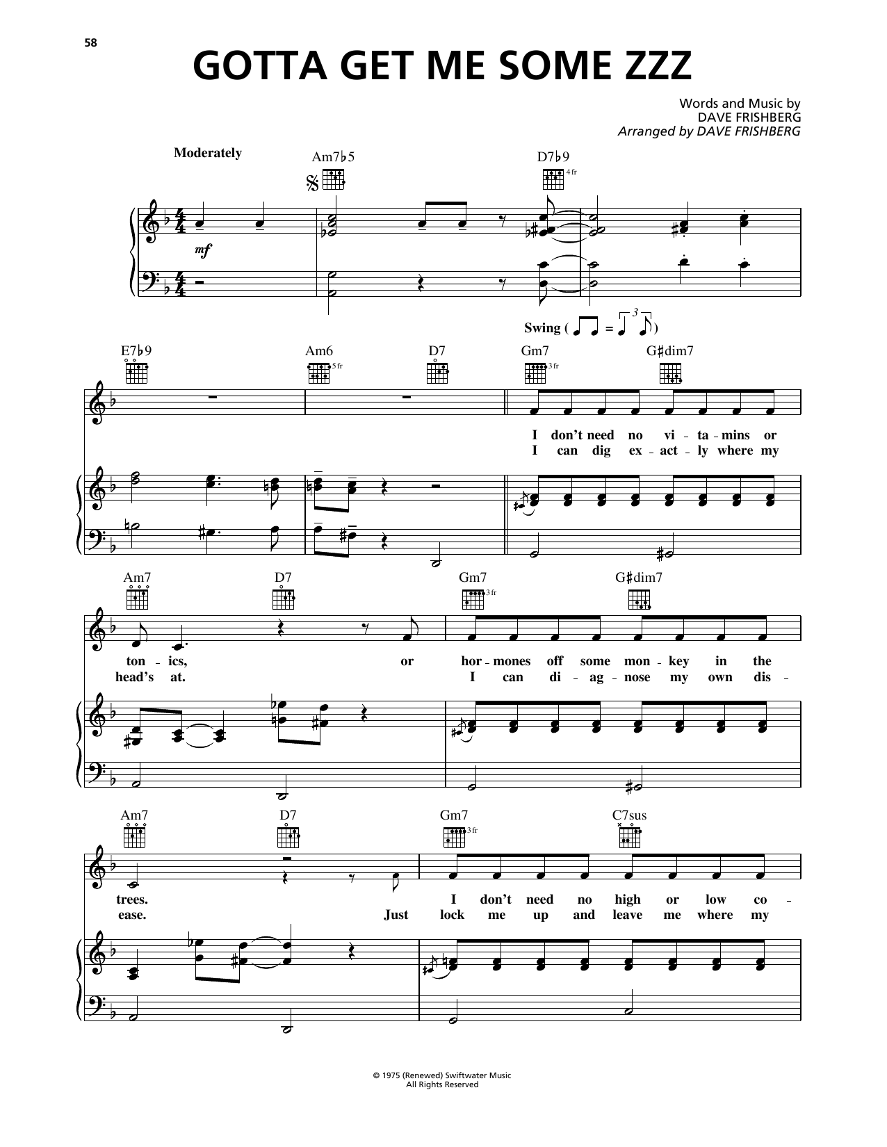 Dave Frishberg Gotta Get Me Some Zzz sheet music notes and chords arranged for Piano, Vocal & Guitar Chords (Right-Hand Melody)