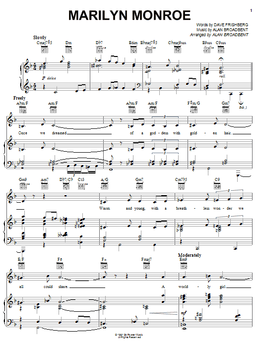 Dave Frishberg Marilyn Monroe sheet music notes and chords arranged for Piano, Vocal & Guitar Chords (Right-Hand Melody)