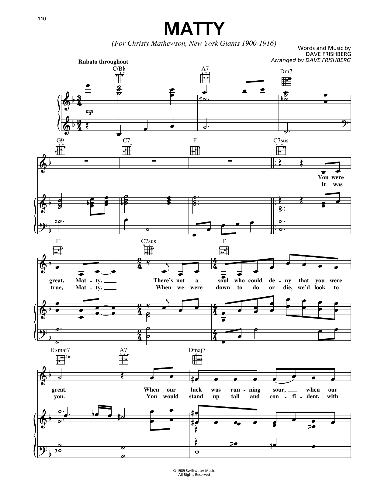 Dave Frishberg Matty sheet music notes and chords arranged for Piano, Vocal & Guitar Chords (Right-Hand Melody)