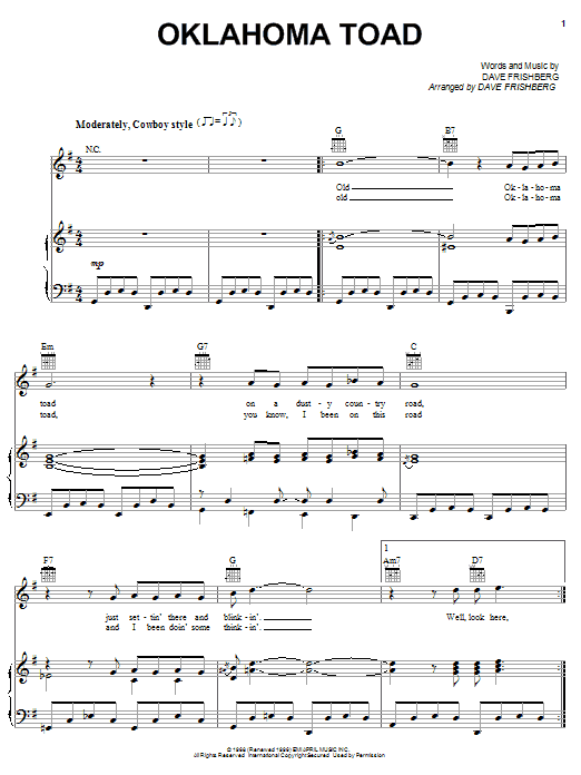 Dave Frishberg Oklahoma Toad sheet music notes and chords arranged for Piano, Vocal & Guitar Chords (Right-Hand Melody)