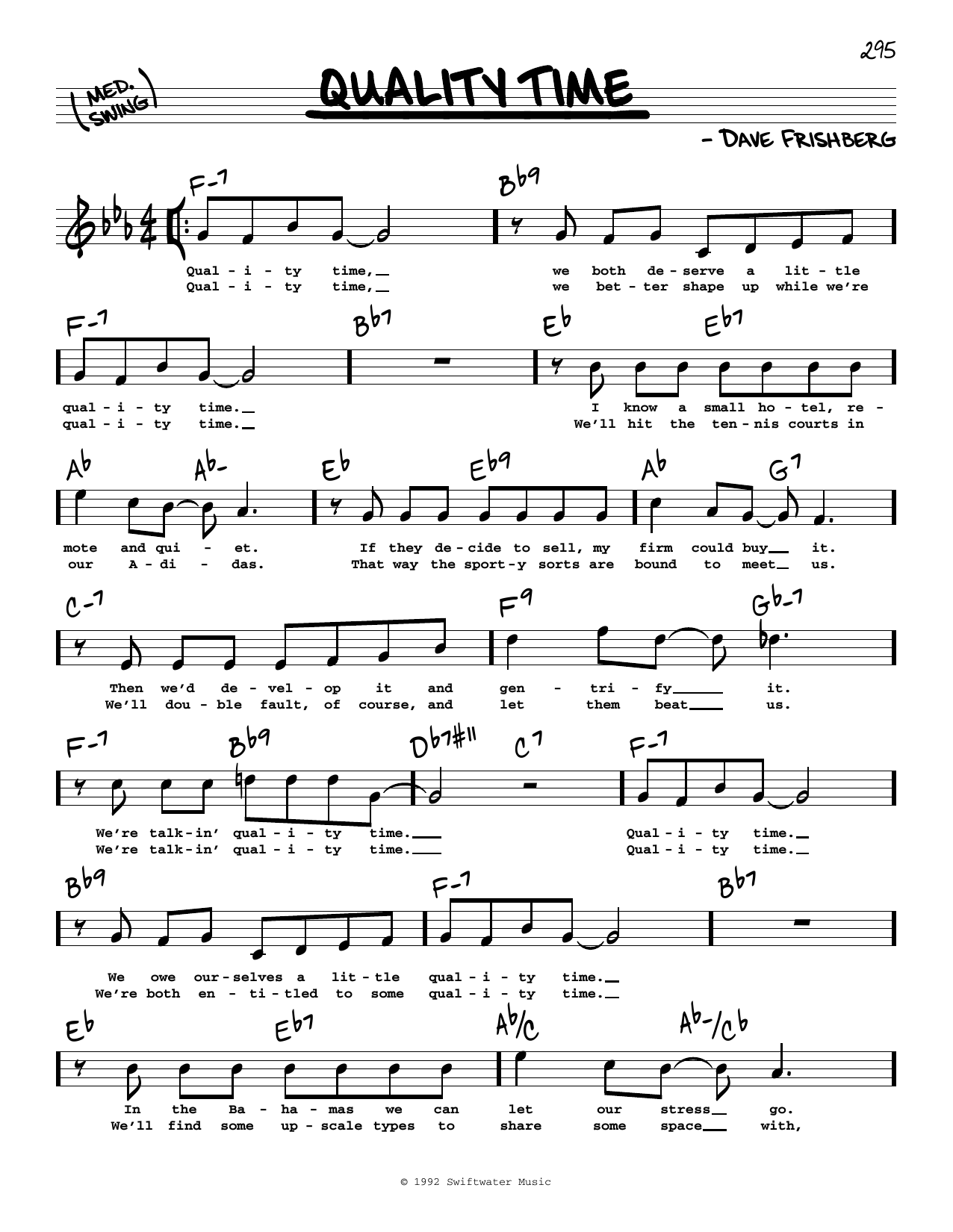 Dave Frishberg Quality Time (High Voice) sheet music notes and chords arranged for Real Book – Melody, Lyrics & Chords