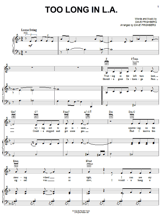 Dave Frishberg Too Long In L.A. sheet music notes and chords arranged for Piano, Vocal & Guitar Chords (Right-Hand Melody)