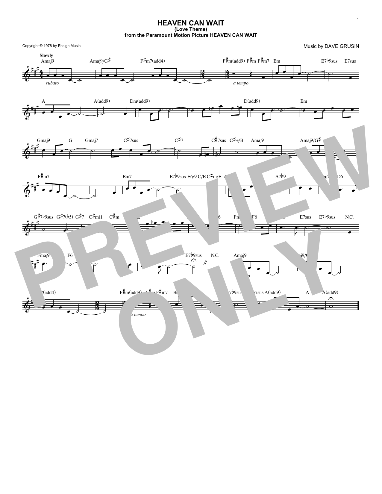 Dave Grusin Heaven Can Wait (Love Theme) sheet music notes and chords arranged for Lead Sheet / Fake Book