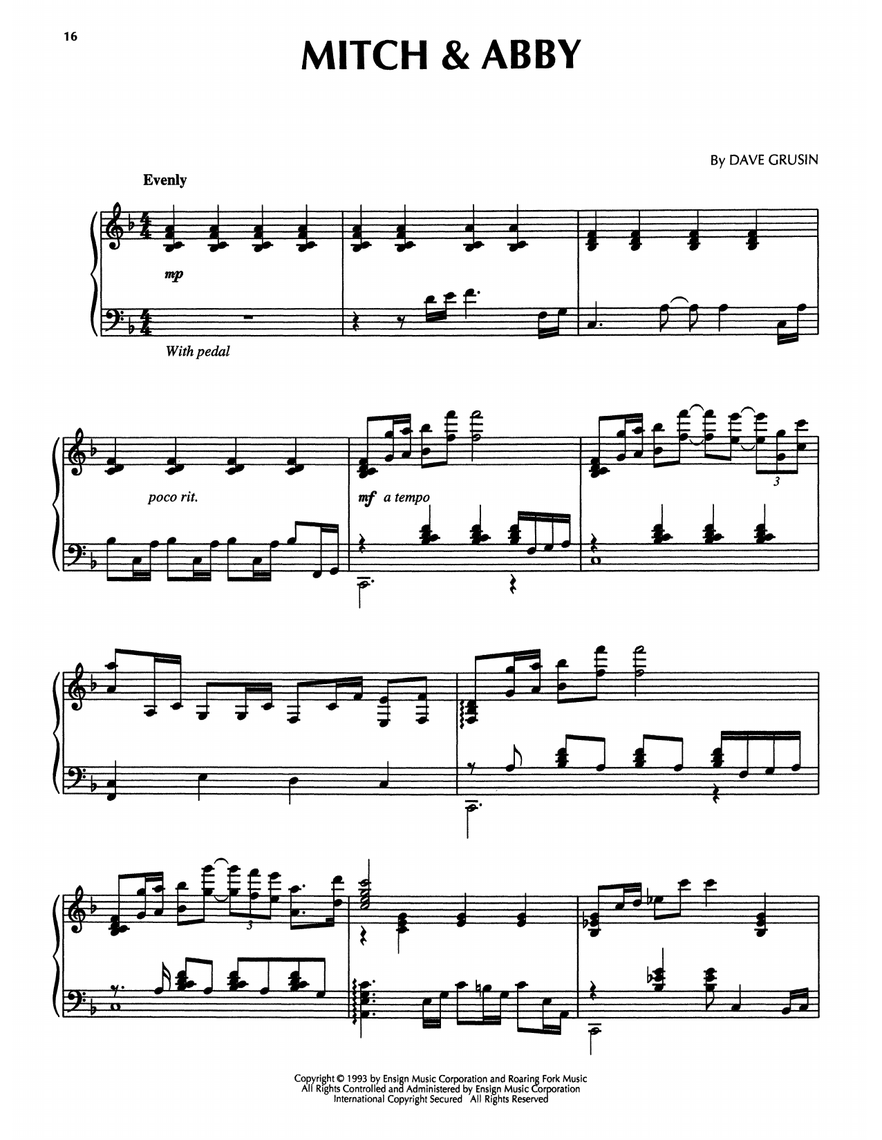 Dave Grusin Mitch & Abby (from The Firm) sheet music notes and chords arranged for Piano Solo