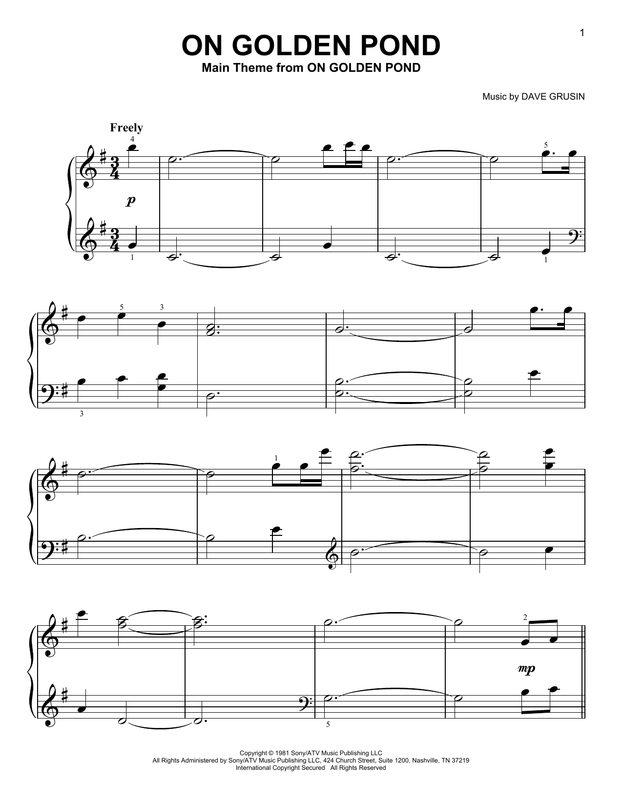 Dave Grusin On Golden Pond (from On Golden Pond) sheet music notes and chords arranged for Very Easy Piano