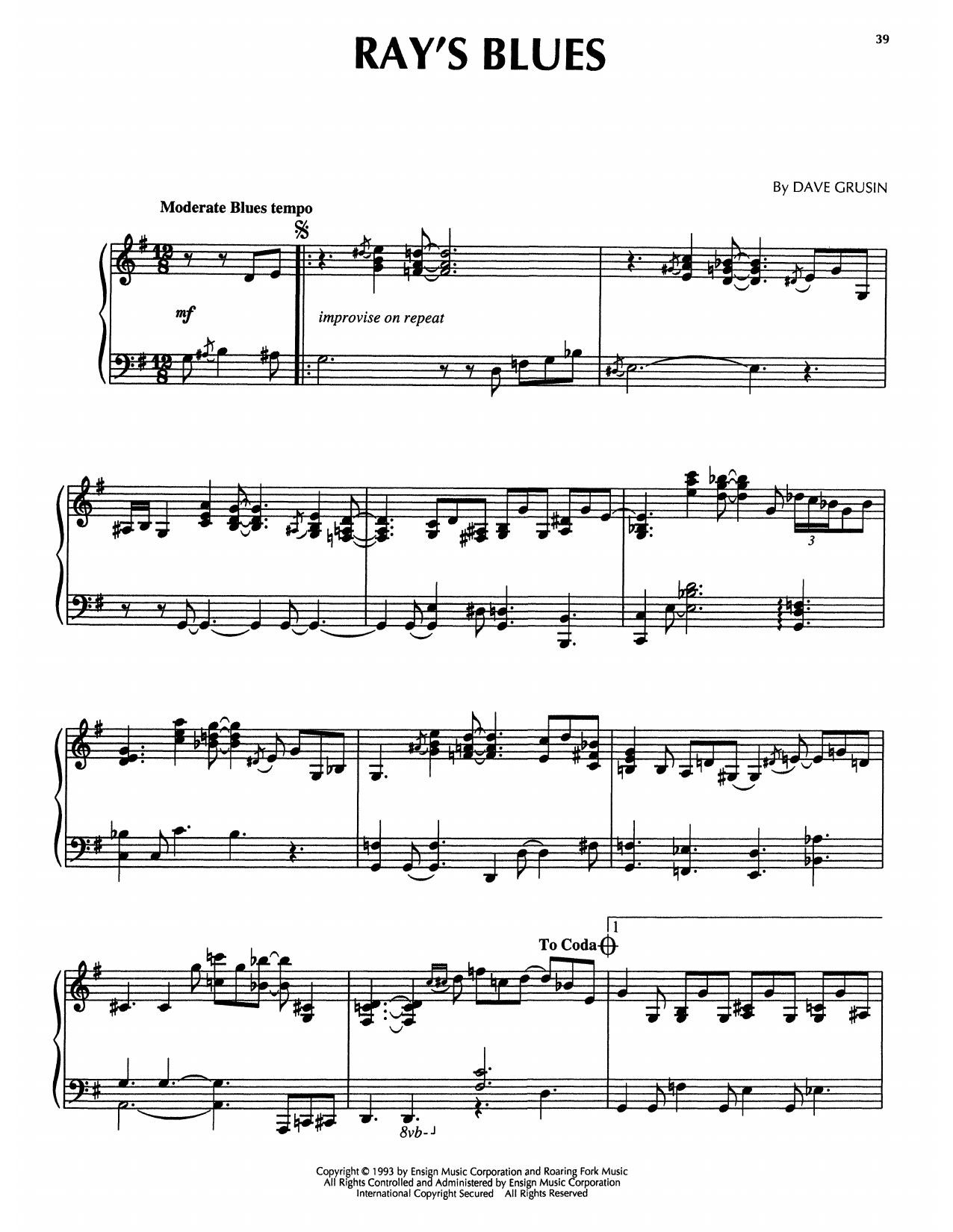Dave Grusin Ray's Blues (from The Firm) sheet music notes and chords arranged for Piano Solo