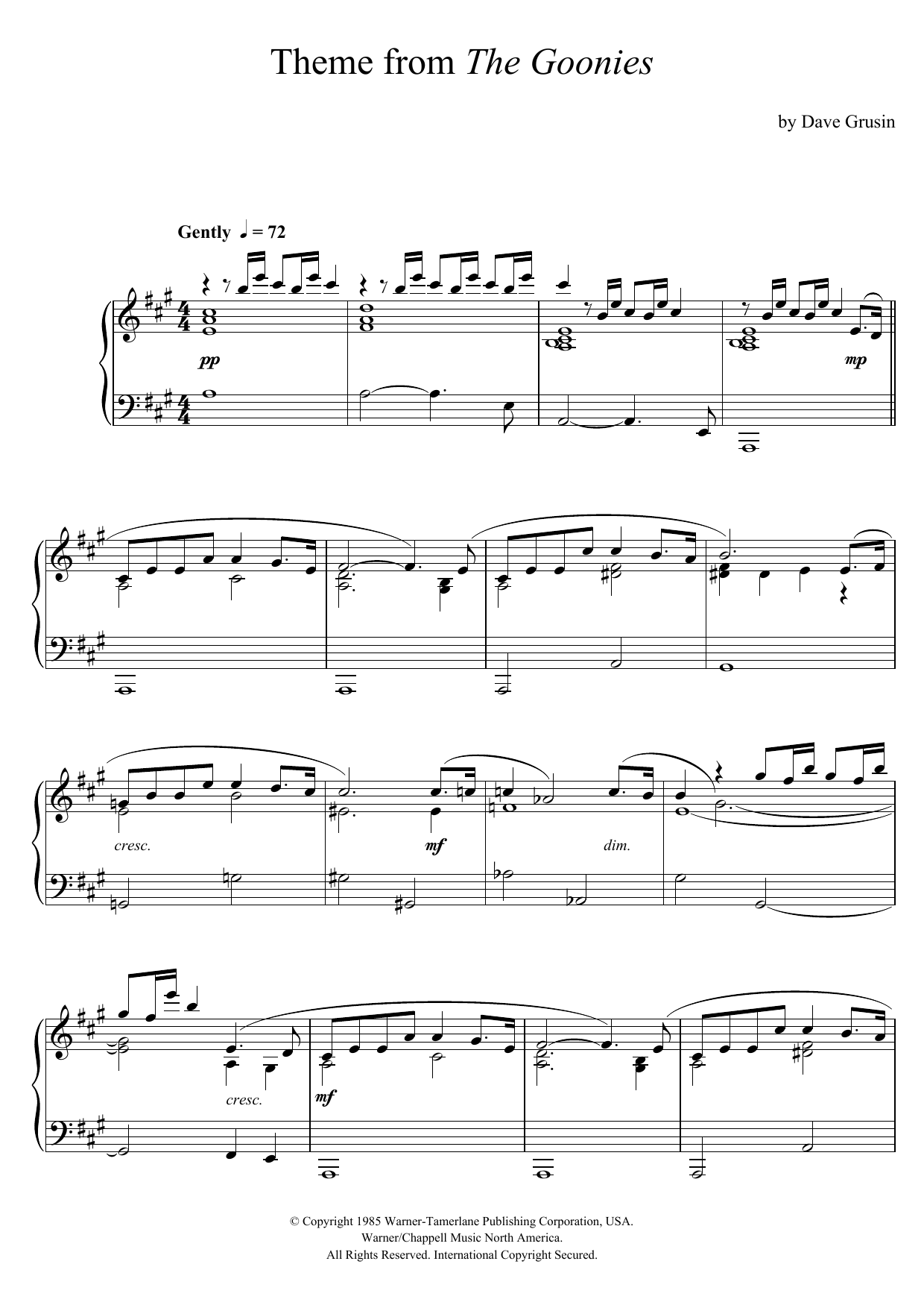 Dave Grusin The Goonies (Theme) sheet music notes and chords arranged for Piano Solo