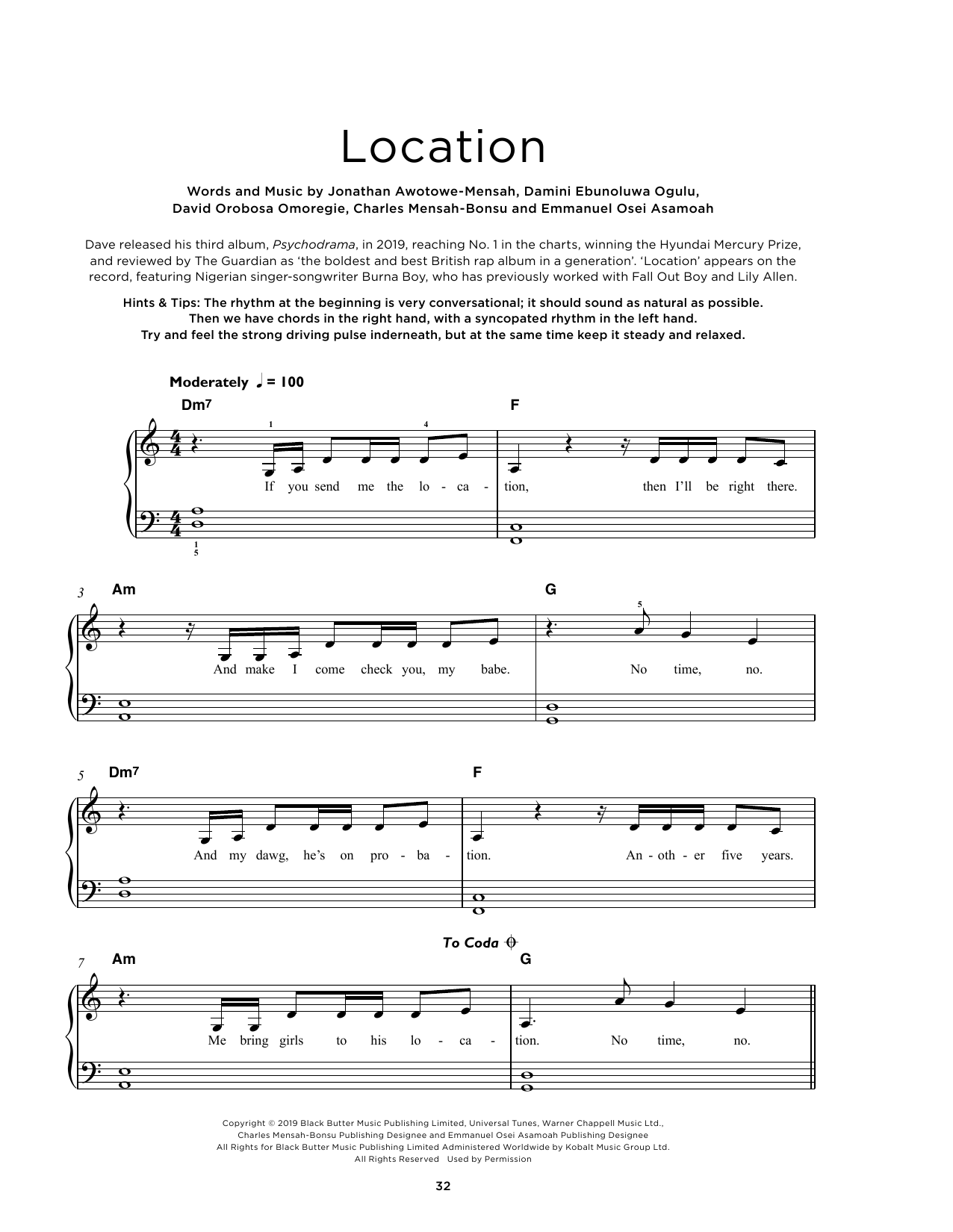 Dave Location (feat. Burna Boy) sheet music notes and chords arranged for Really Easy Piano