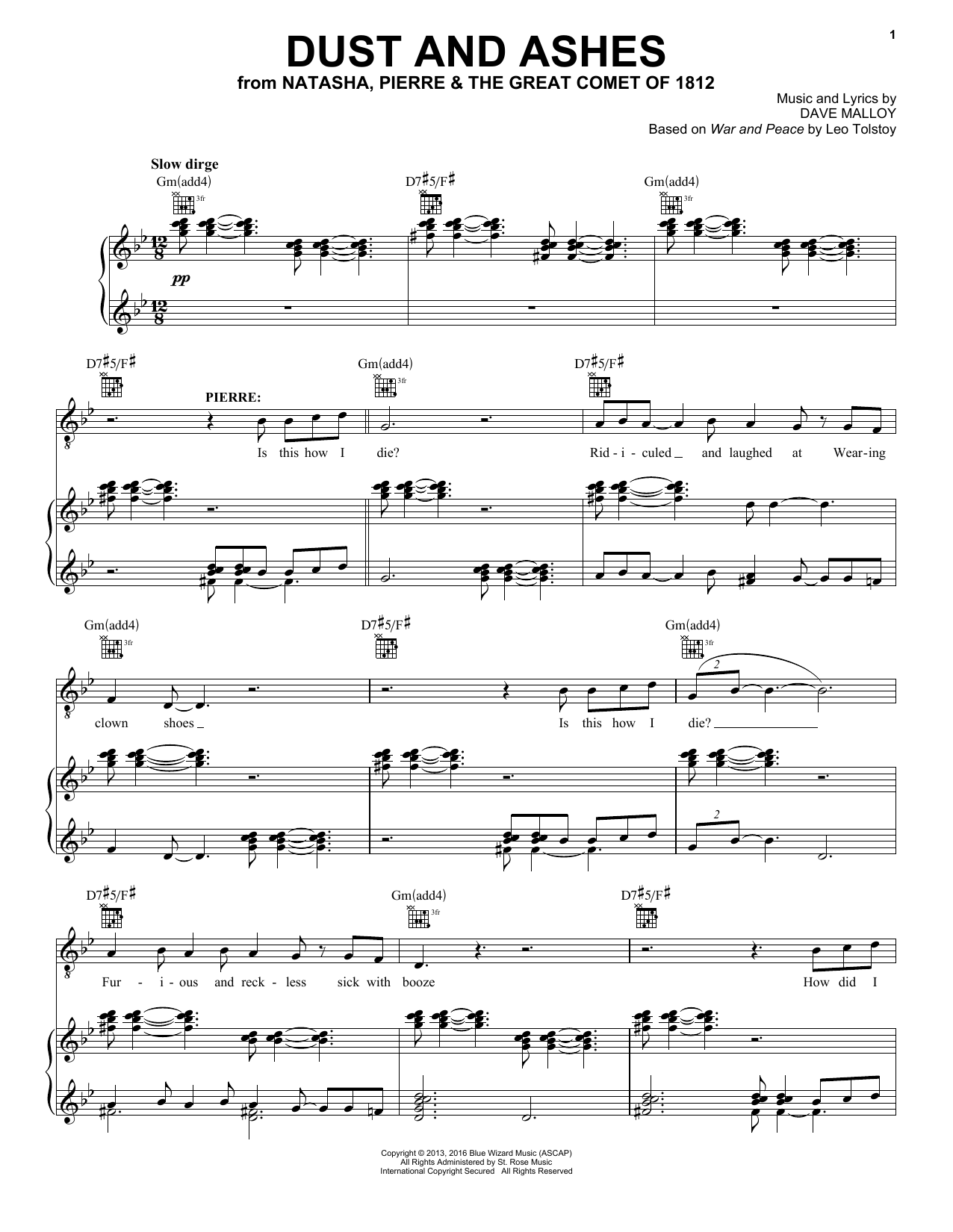 Dave Malloy Dust And Ashes sheet music notes and chords arranged for Piano, Vocal & Guitar Chords (Right-Hand Melody)