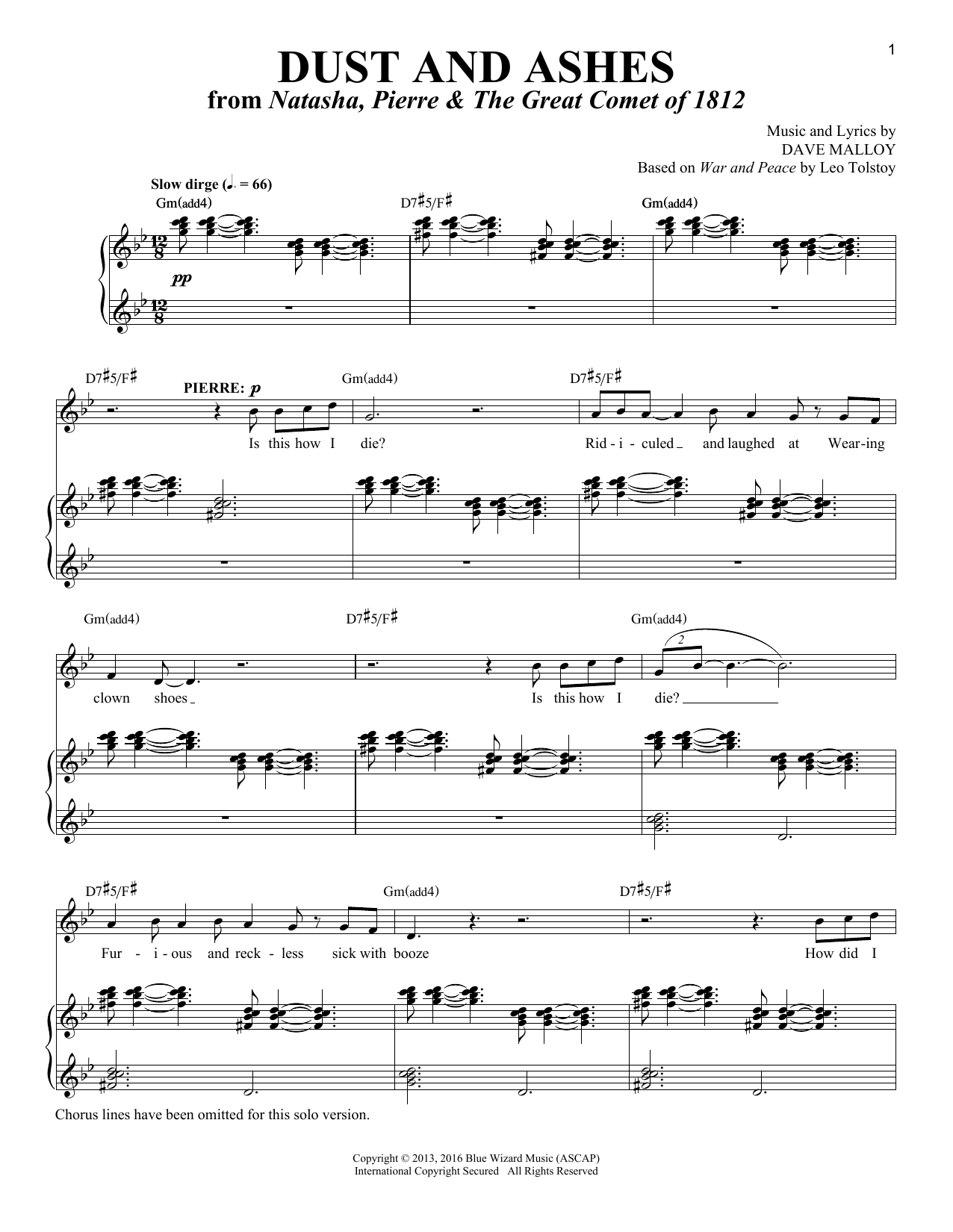 Dave Malloy Dust And Ashes [Solo version] (from Natasha, Pierre & The Great Comet of 1812) sheet music notes and chords arranged for Piano & Vocal