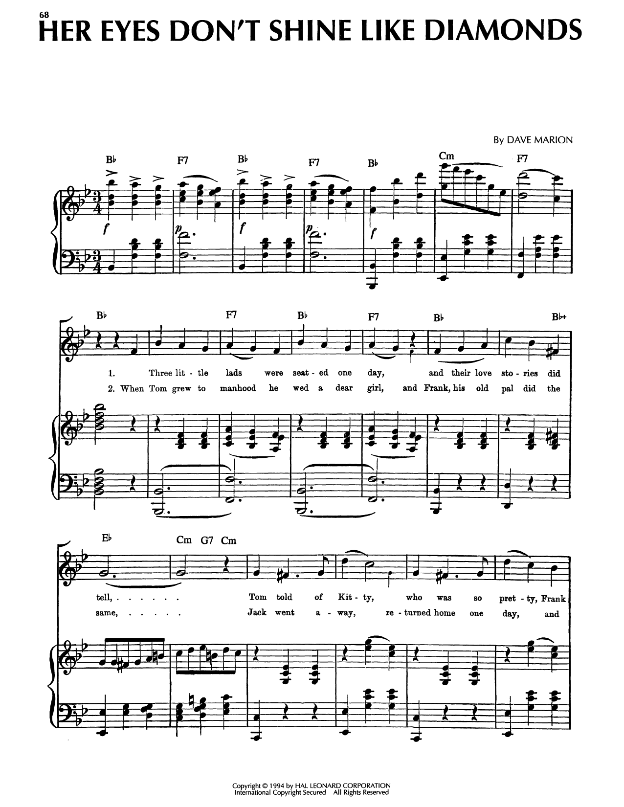 Dave Marion Her Eyes Don't Shine Like Diamonds sheet music notes and chords arranged for Piano, Vocal & Guitar Chords (Right-Hand Melody)