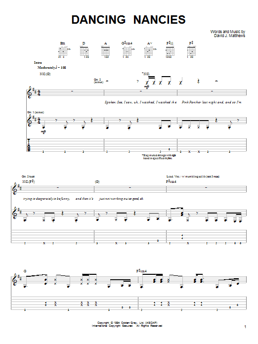 Dave Matthews & Tim Reynolds Dancing Nancies sheet music notes and chords arranged for Guitar Tab