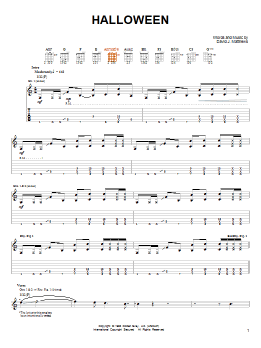 Dave Matthews & Tim Reynolds Halloween sheet music notes and chords arranged for Guitar Tab