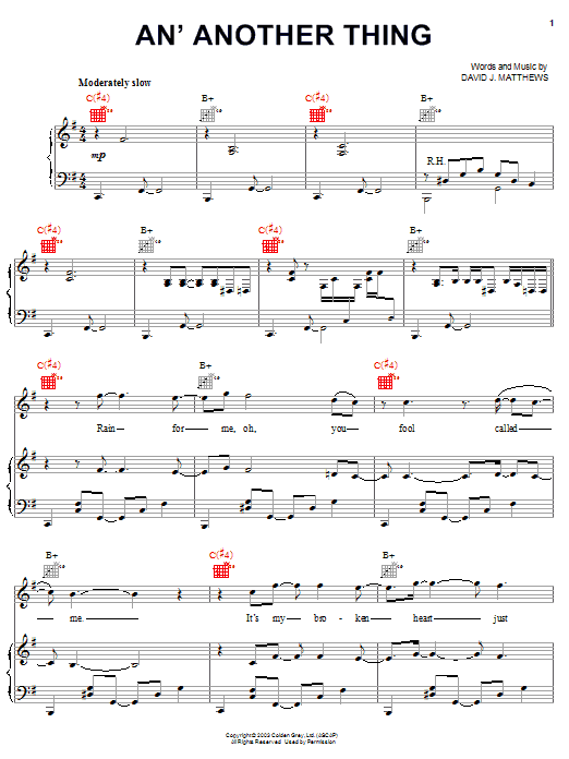 Dave Matthews An' Another Thing sheet music notes and chords arranged for Piano, Vocal & Guitar Chords (Right-Hand Melody)