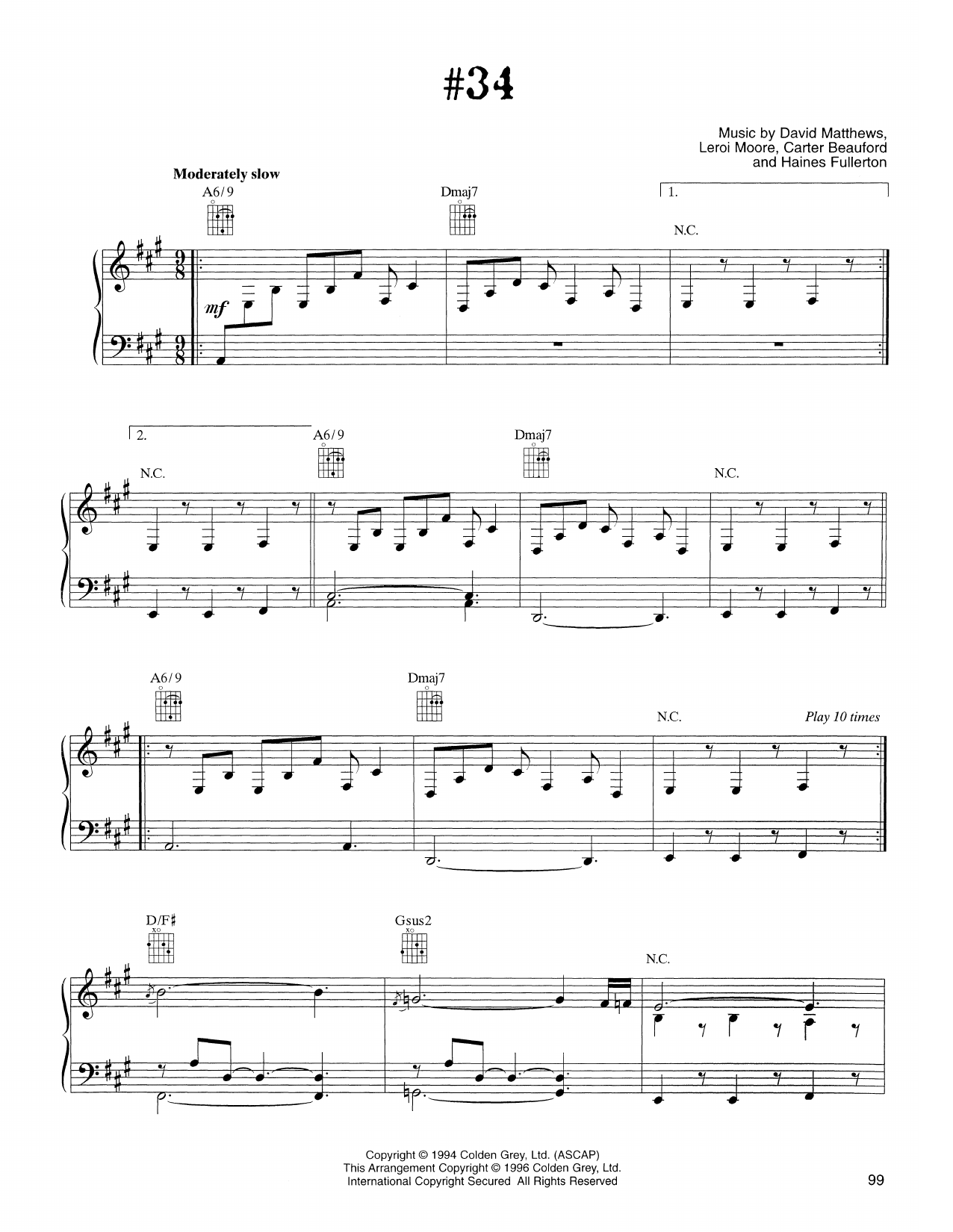 Dave Matthews Band #34 sheet music notes and chords arranged for Piano, Vocal & Guitar Chords (Right-Hand Melody)