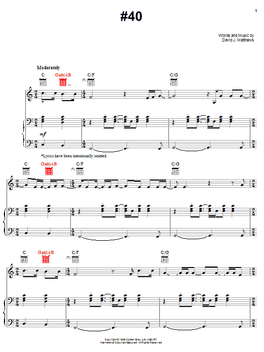 Dave Matthews Band #40 sheet music notes and chords arranged for Piano, Vocal & Guitar Chords (Right-Hand Melody)