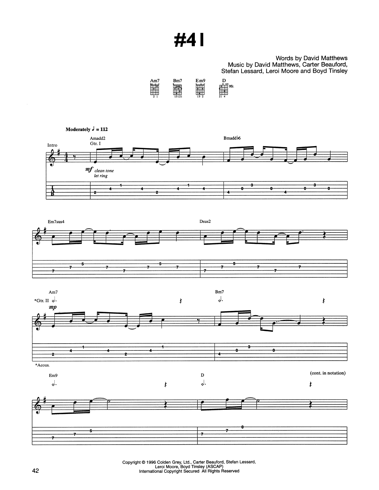 Dave Matthews Band #41 sheet music notes and chords arranged for Guitar Tab