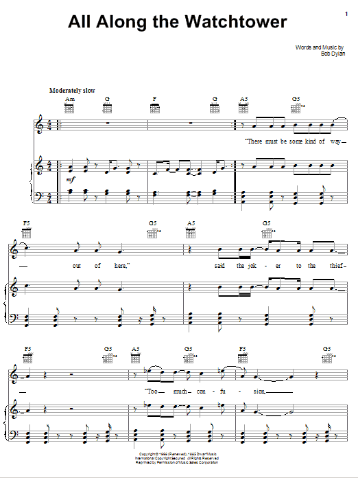 Dave Matthews Band All Along The Watchtower sheet music notes and chords arranged for Piano, Vocal & Guitar Chords (Right-Hand Melody)