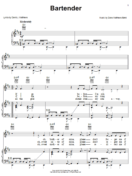 Dave Matthews Band Bartender sheet music notes and chords arranged for Piano, Vocal & Guitar Chords (Right-Hand Melody)