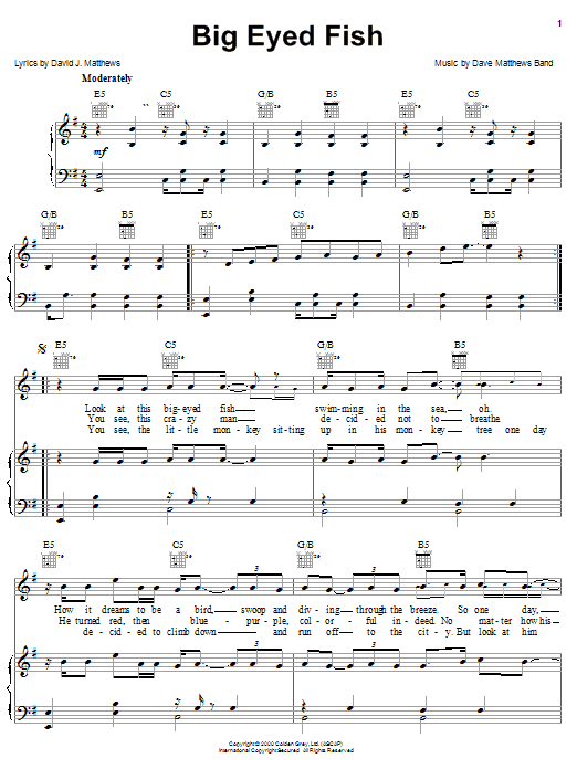 Dave Matthews Band Big Eyed Fish sheet music notes and chords arranged for Piano, Vocal & Guitar Chords (Right-Hand Melody)