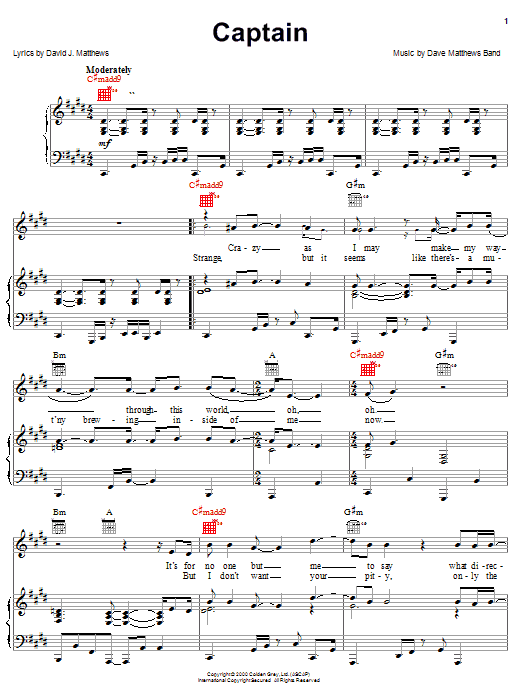 Dave Matthews Band Captain sheet music notes and chords arranged for Piano, Vocal & Guitar Chords (Right-Hand Melody)