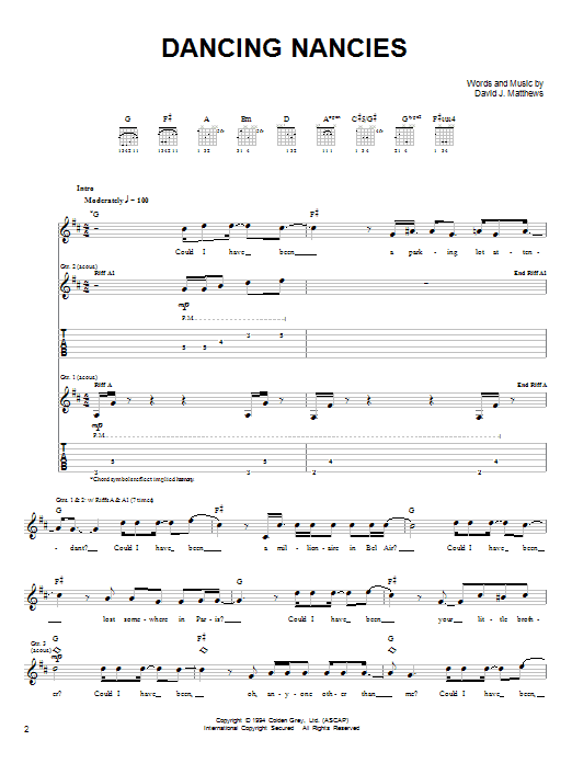 Dave Matthews Band Dancing Nancies sheet music notes and chords arranged for Guitar Chords/Lyrics