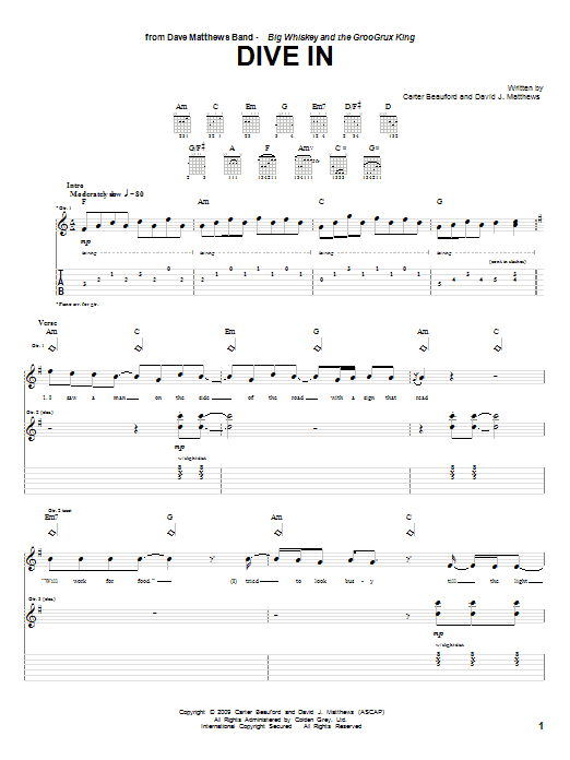 Dave Matthews Band Dive In sheet music notes and chords arranged for Guitar Tab