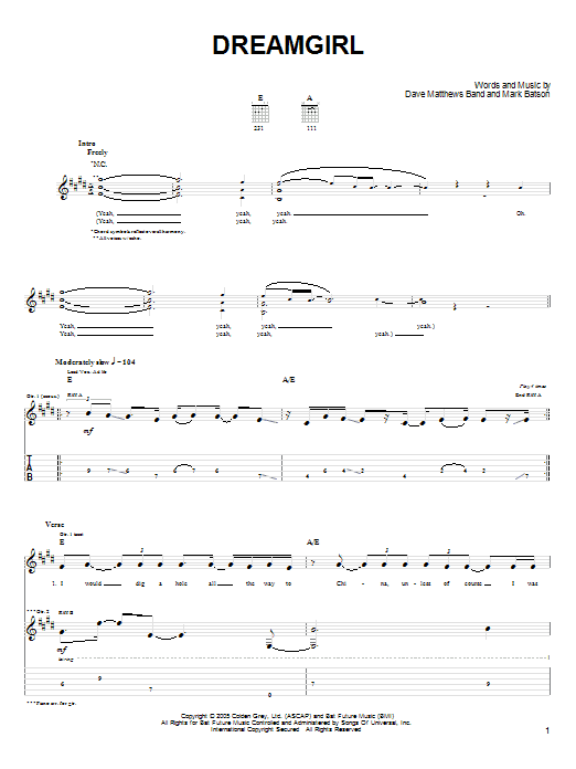 Dave Matthews Band Dreamgirl sheet music notes and chords arranged for Guitar Tab