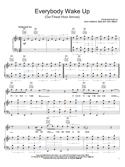 Dave Matthews Band Everybody Wake Up (Our Finest Hour Arrives) sheet music notes and chords arranged for Piano, Vocal & Guitar Chords (Right-Hand Melody)