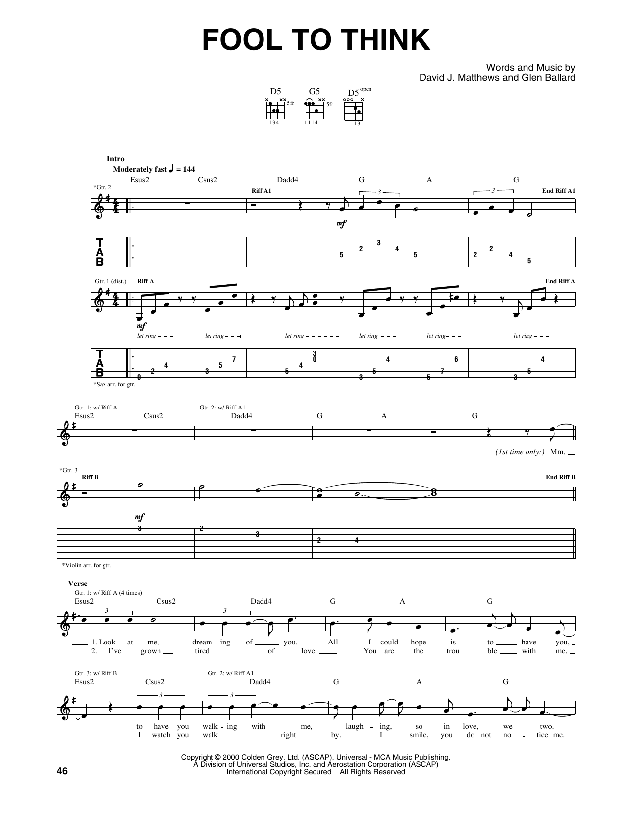 Dave Matthews Band Fool To Think sheet music notes and chords arranged for Guitar Tab