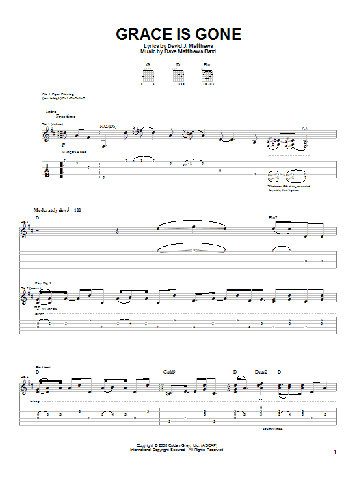 Dave Matthews Band Grace Is Gone sheet music notes and chords arranged for Piano, Vocal & Guitar Chords (Right-Hand Melody)