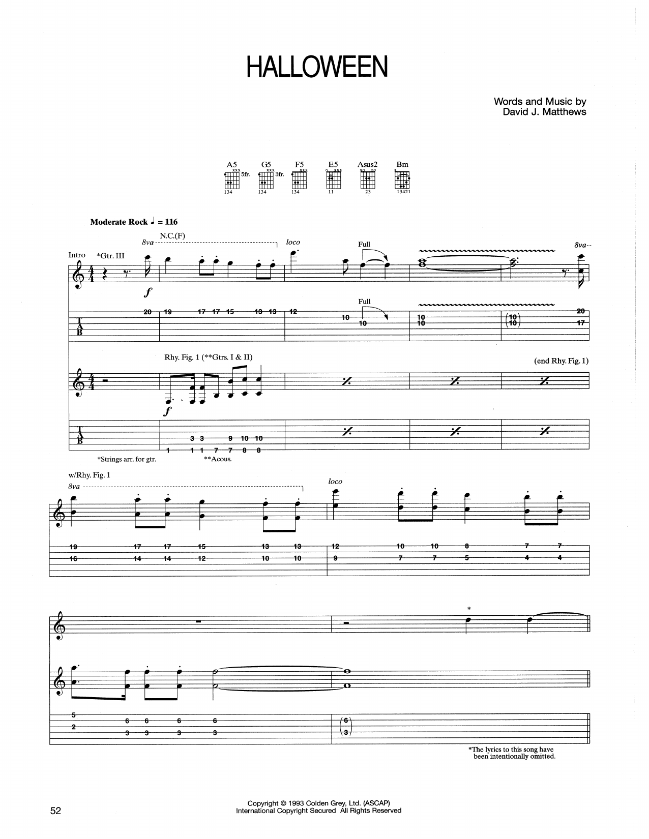 Dave Matthews Band Halloween sheet music notes and chords arranged for Guitar Tab