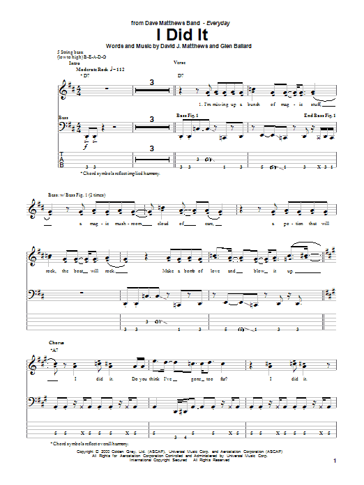 Dave Matthews Band I Did It sheet music notes and chords arranged for Piano, Vocal & Guitar Chords (Right-Hand Melody)