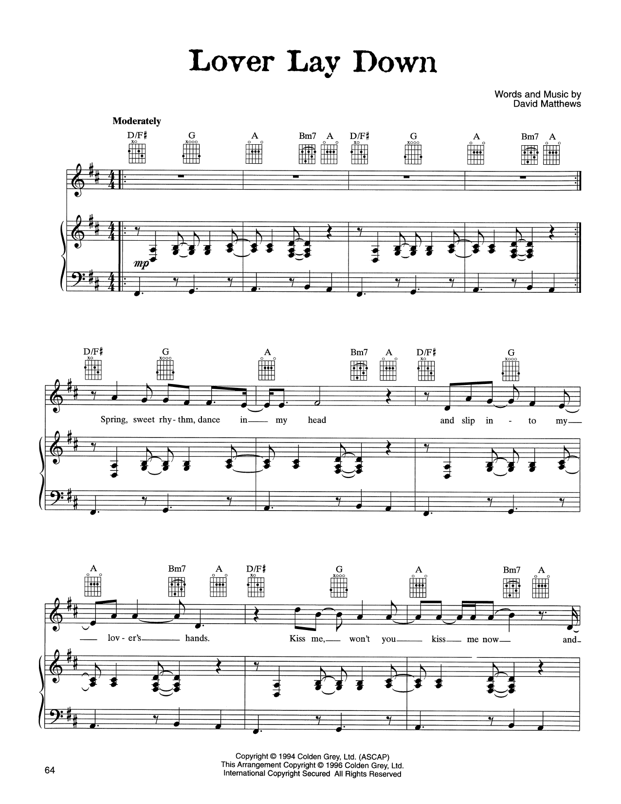 Dave Matthews Band Lover Lay Down sheet music notes and chords arranged for Piano, Vocal & Guitar Chords (Right-Hand Melody)