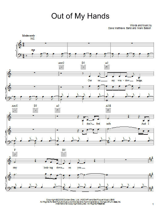 Dave Matthews Band Out Of My Hands sheet music notes and chords arranged for Piano, Vocal & Guitar Chords (Right-Hand Melody)