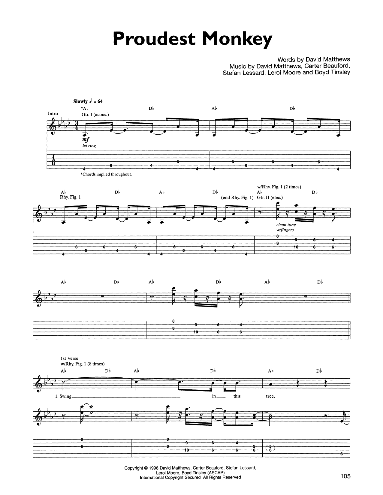 Dave Matthews Band Proudest Monkey sheet music notes and chords arranged for Guitar Tab