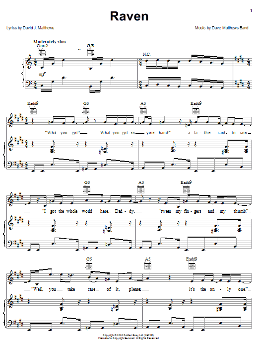 Dave Matthews Band Raven sheet music notes and chords arranged for Piano, Vocal & Guitar Chords (Right-Hand Melody)