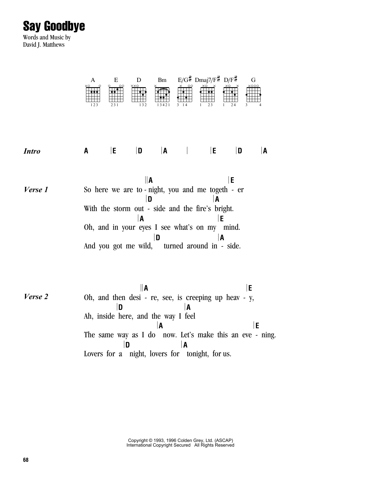 Dave Matthews Band Say Goodbye sheet music notes and chords arranged for Piano, Vocal & Guitar Chords (Right-Hand Melody)