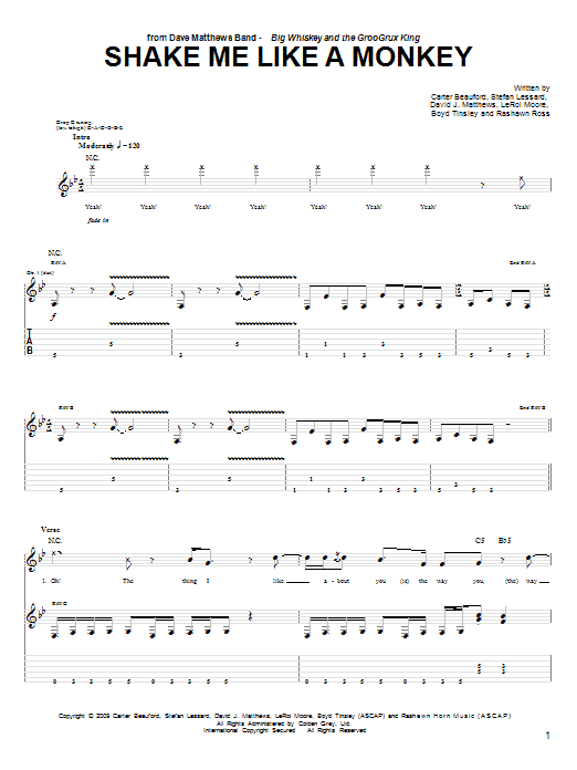 Dave Matthews Band Shake Me Like A Monkey sheet music notes and chords arranged for Guitar Tab