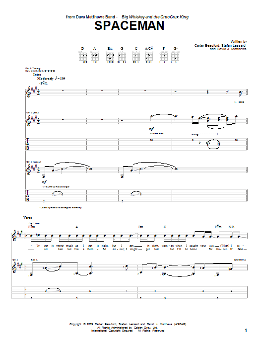 Dave Matthews Band Spaceman sheet music notes and chords arranged for Guitar Tab