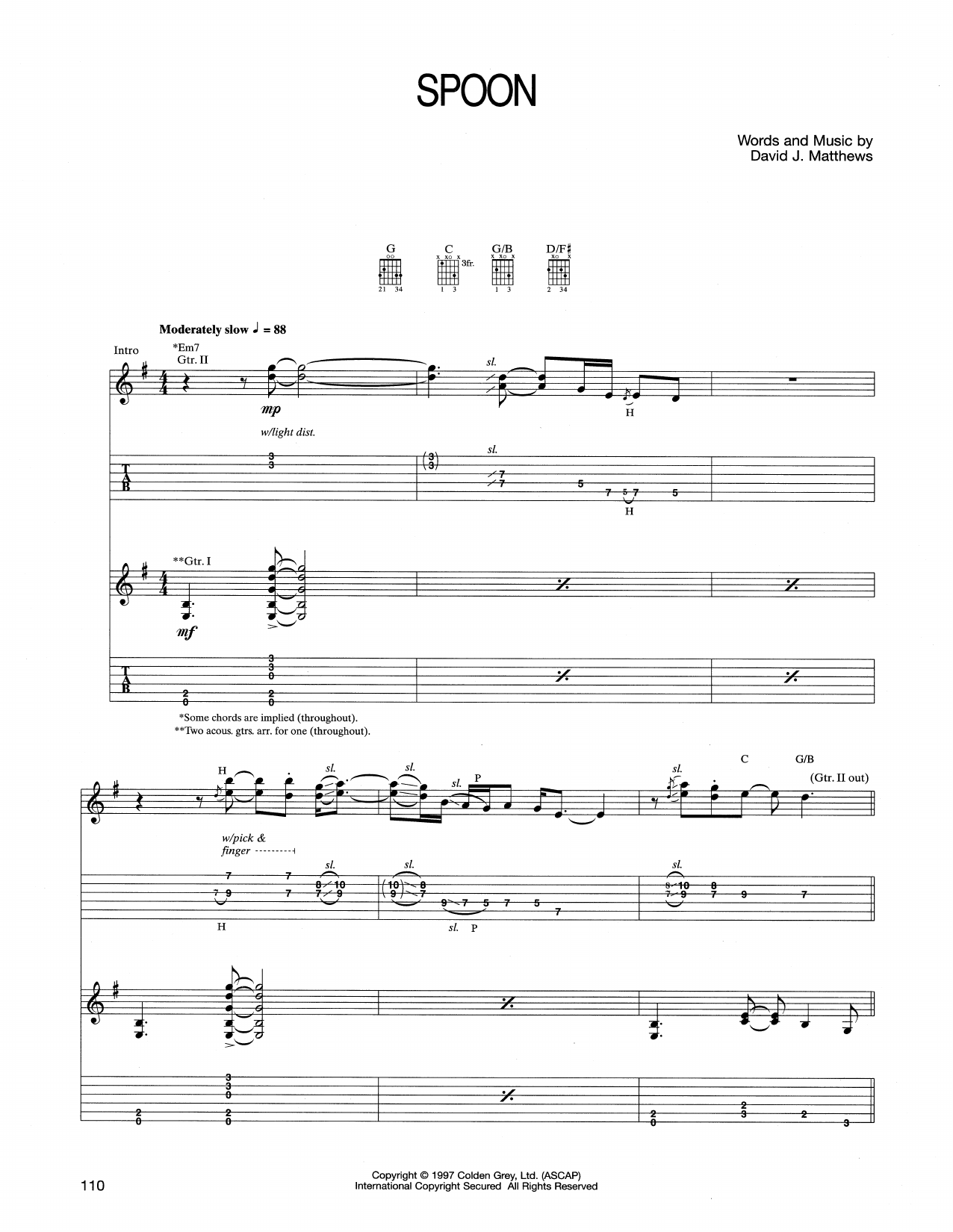 Dave Matthews Band Spoon sheet music notes and chords arranged for Guitar Tab